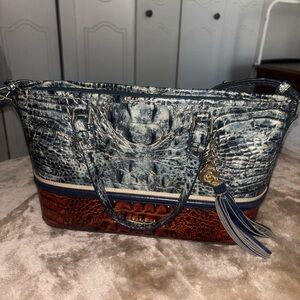 Brahmin Blue and Brown Croc-Embossed Shoulder Bag